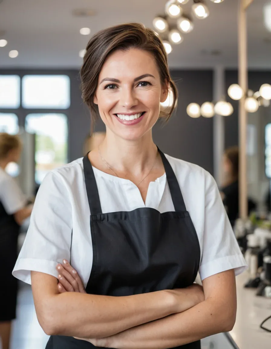 Portrait de Camille, coiffeuse souriante en tablier noir dans le salon