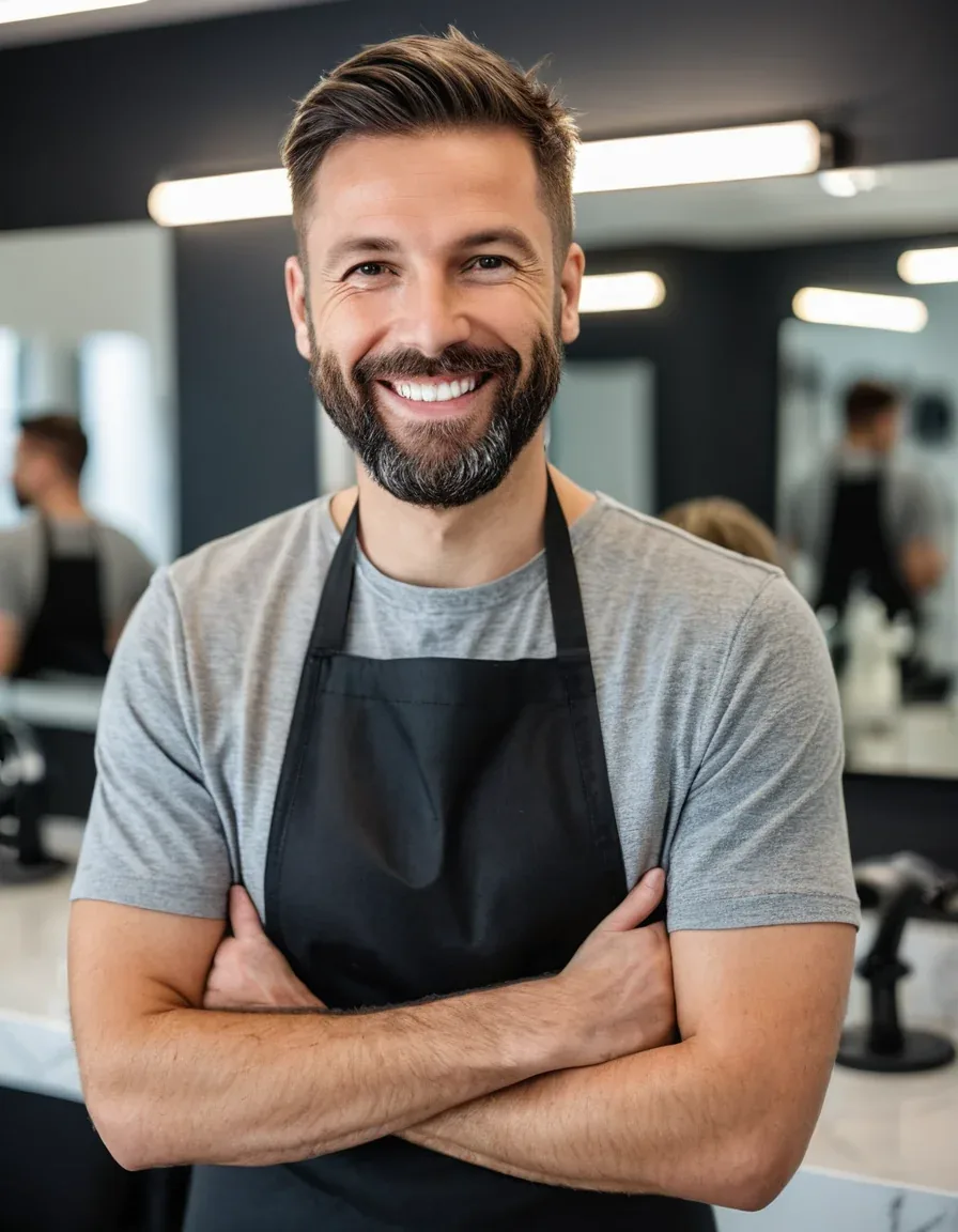 Portrait de Noa, coiffeur souriant en tablier noir dans le salon